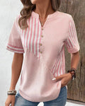 Women's Cotton Striped Colorblock Half-Button Blouse - Pink