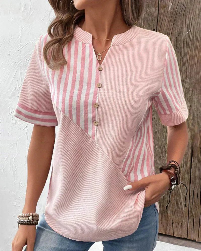 Women's Cotton Striped Colorblock Half-Button Blouse - Pink