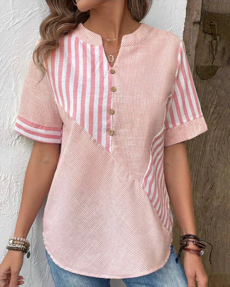 Women's Cotton Striped Colorblock Half-Button Blouse