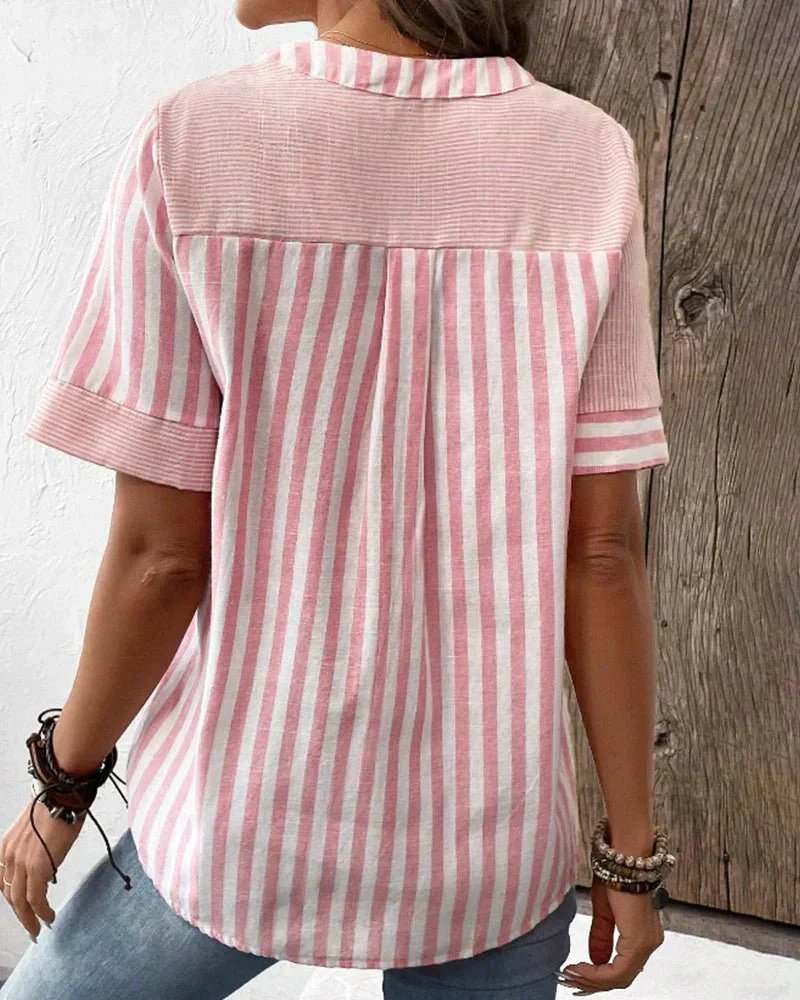 Women's Cotton Striped Colorblock Half-Button Blouse