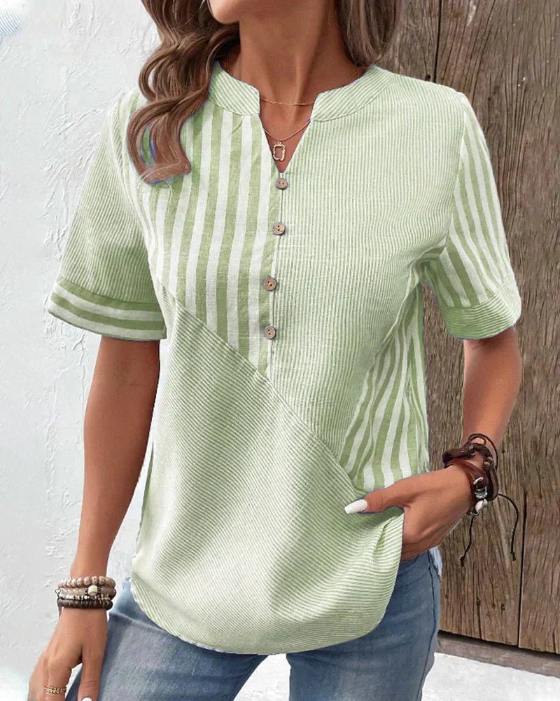 Women's Cotton Striped Colorblock Half-Button Blouse - Light Green