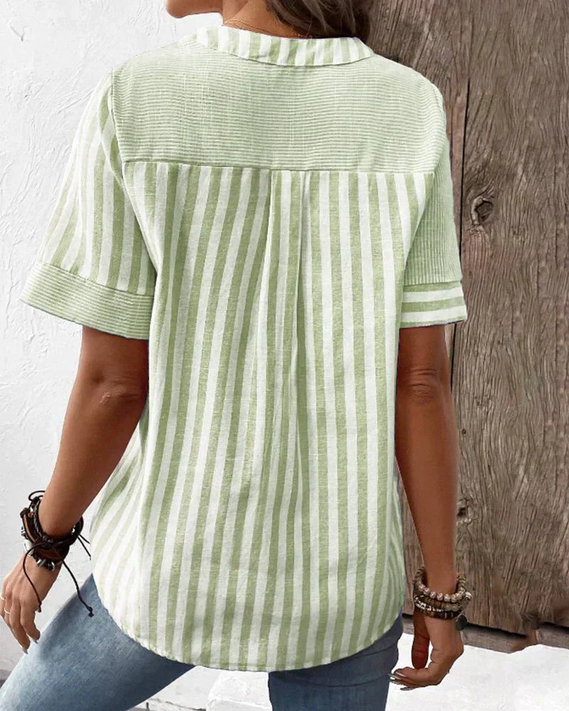 Women's Cotton Striped Colorblock Half-Button Blouse