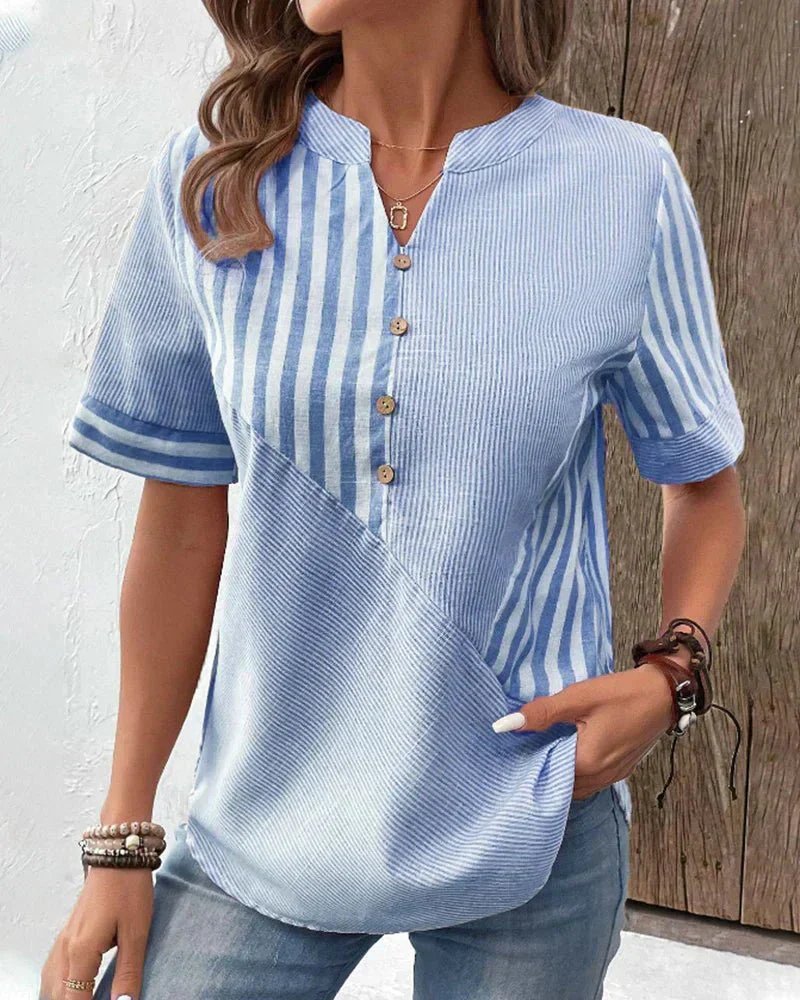 Women's Cotton Striped Colorblock Half-Button Blouse - Light Blue
