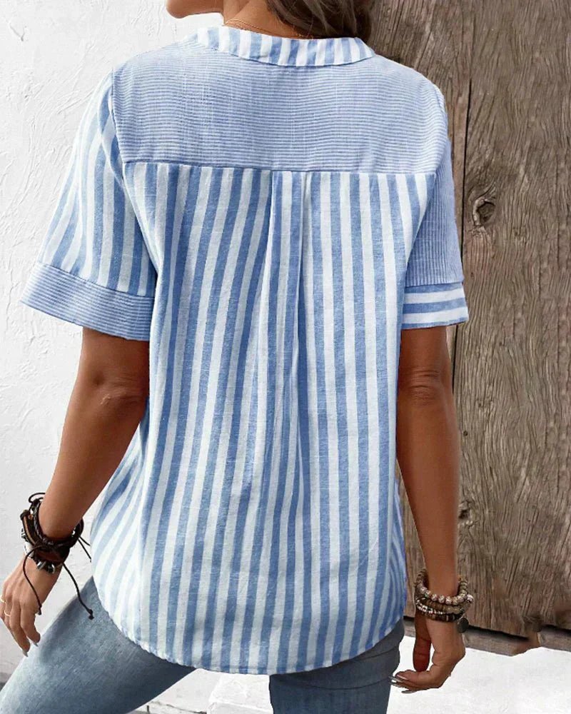 Women's Cotton Striped Colorblock Half-Button Blouse