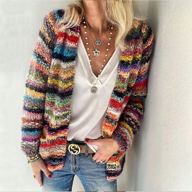 Women's Cozy Multicolor Knit Open-Front Cardigan - Red