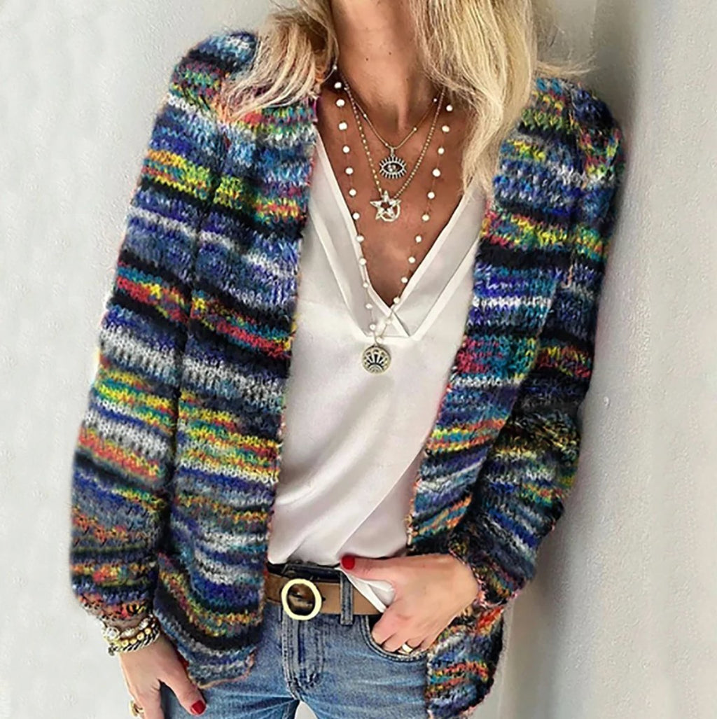 Women's Cozy Multicolor Knit Open-Front Cardigan - Blue
