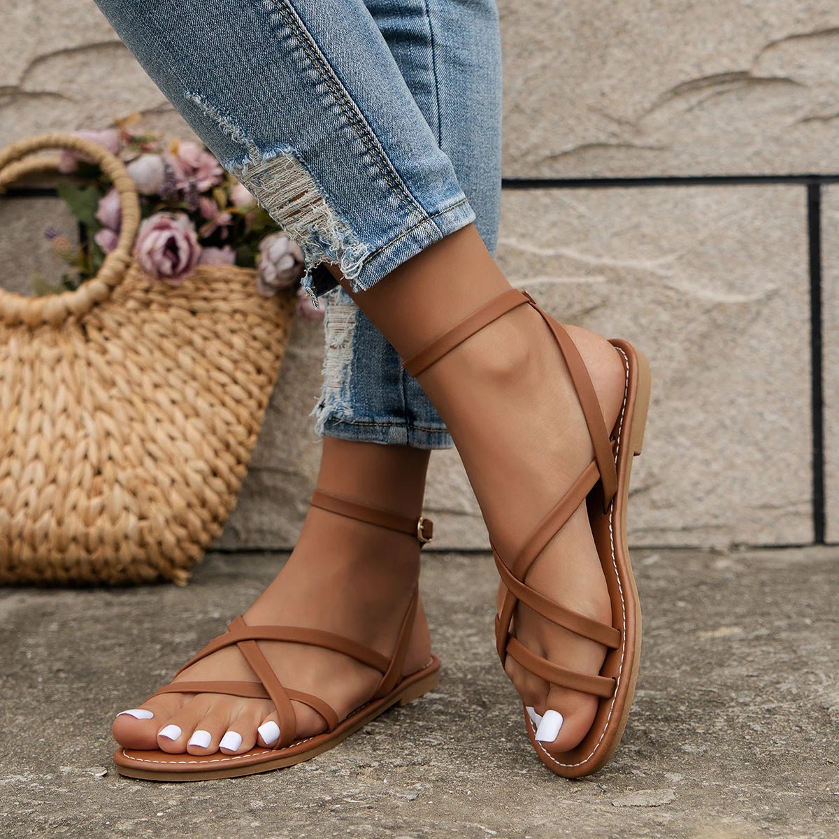 Women's Criss-Cross Flat Sandals Ankle Strap Vegan Leather
