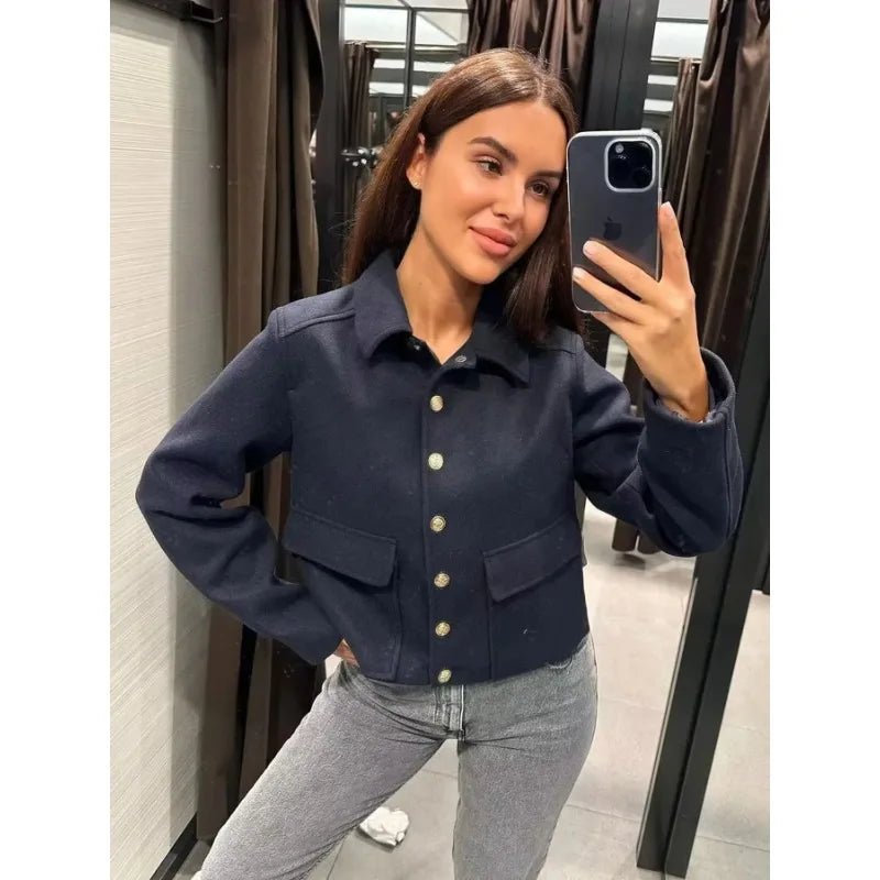 Women's Cropped Bomber Jacker Button-Up Ribbed Cuffs Navy