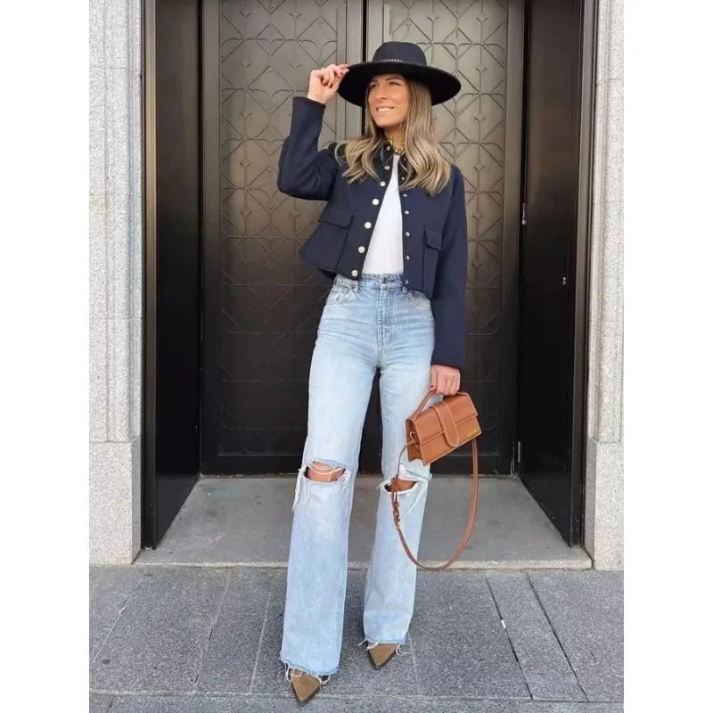 Women's Cropped Bomber Jacker Button-Up Ribbed Cuffs Navy