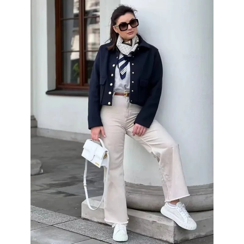 Women's Cropped Bomber Jacker Button-Up Ribbed Cuffs Navy
