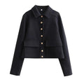 Women's Cropped Bomber Jacker Button-Up Ribbed Cuffs Navy - Navy Blue