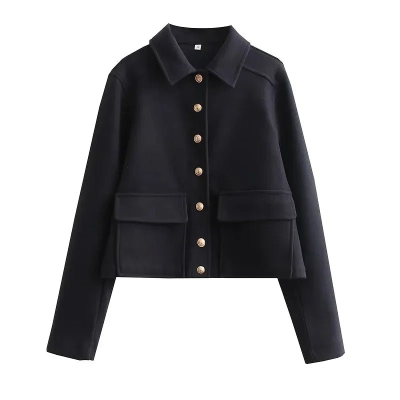 Women's Cropped Bomber Jacker Button-Up Ribbed Cuffs Navy - Navy Blue
