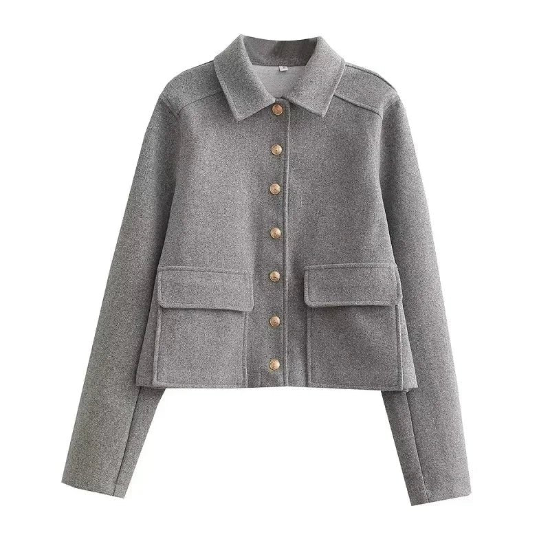 Women's Cropped Bomber Jacker Button-Up Ribbed Cuffs Navy - Gray