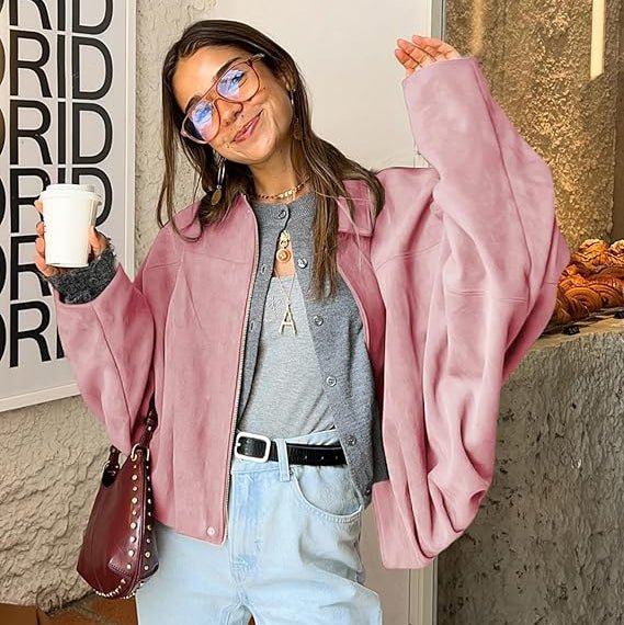 Women's Cropped Bomber Jacker Zip Front Gathered Hem - Pink