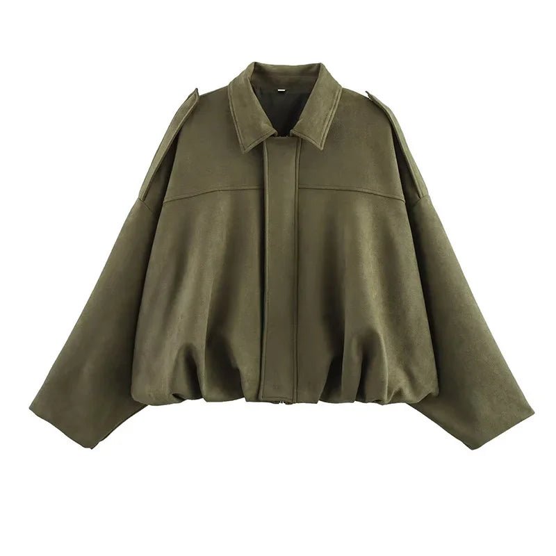 Women's Cropped Bomber Jacker Zip Front Gathered Hem