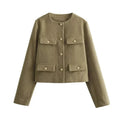 Women's Cropped Bomber Jacket Button Front Long Sleeve - Khaki