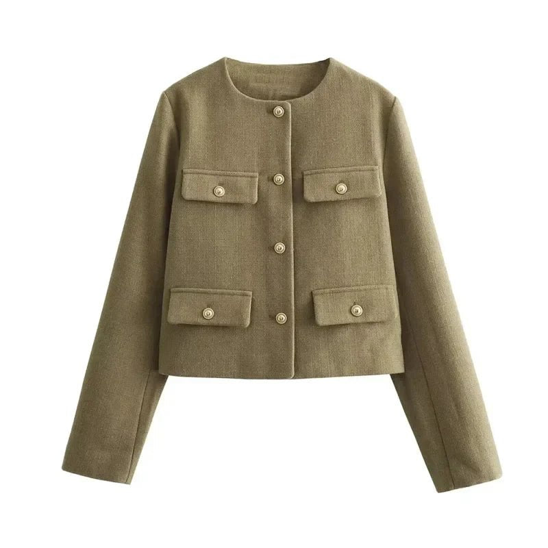 Women's Cropped Bomber Jacket Button Front Long Sleeve - Khaki