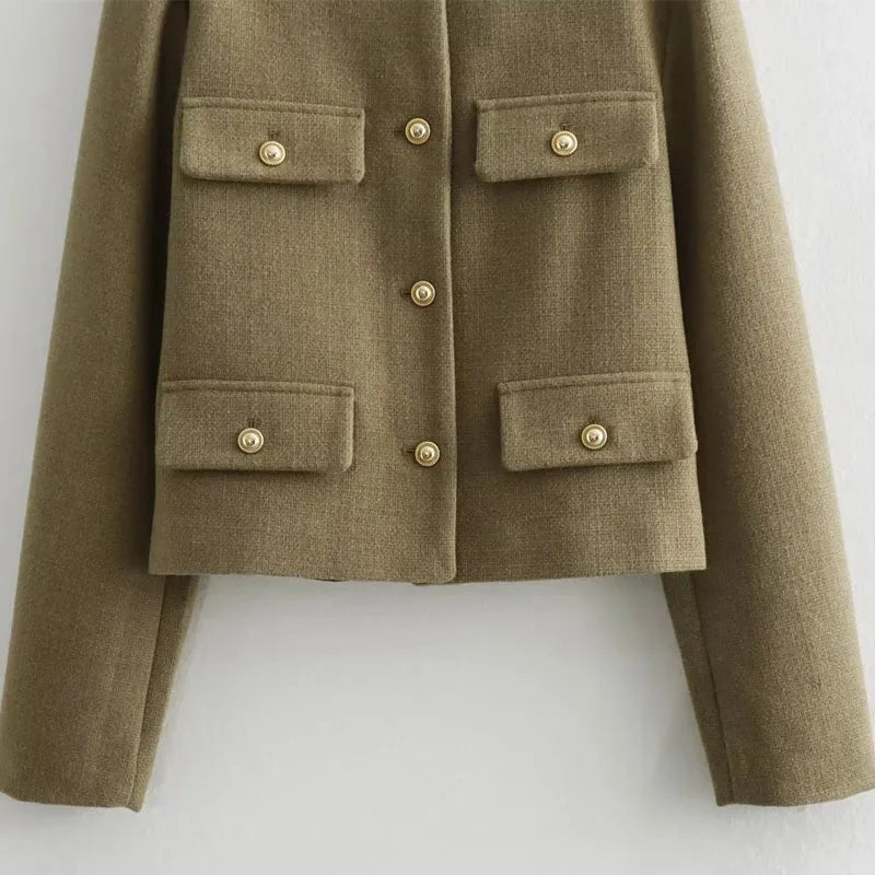 Women's Cropped Bomber Jacket Button Front Long Sleeve