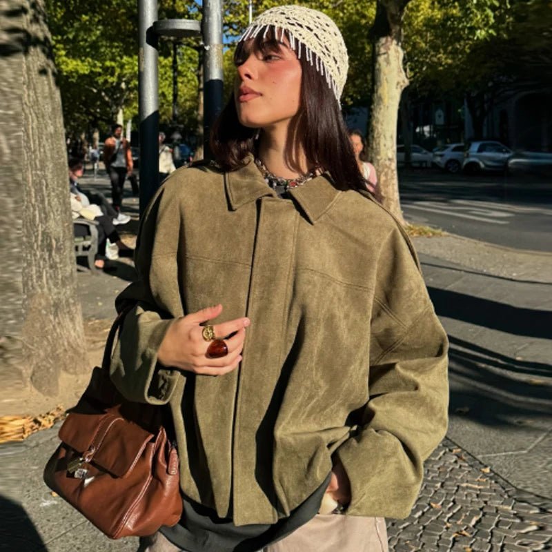 Women's Cropped Bomber Jacket Oversized Zip Front - Green