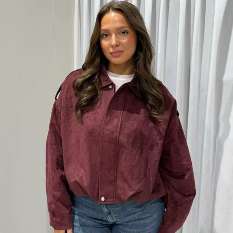 Women's Cropped Bomber Jacket Oversized Zip Front - Burgundy