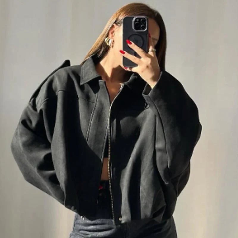 Women's Cropped Bomber Jacket Oversized Zip Front - Black