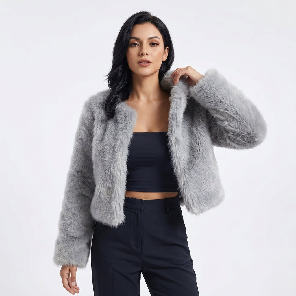 Women's Cropped Faux Fur Short Cardigan Jacket - Grey