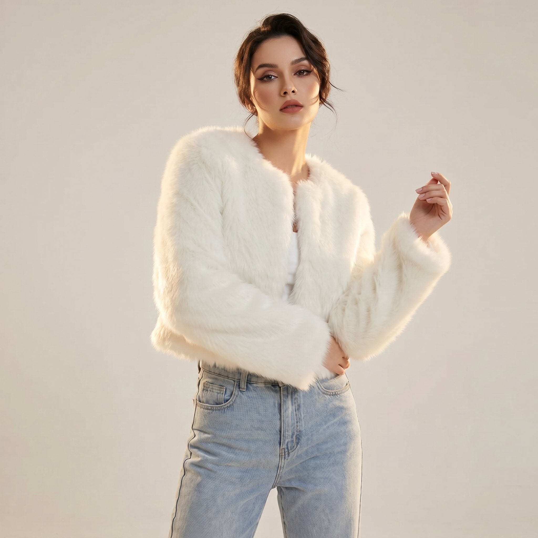 Women's Cropped Faux Fur Short Cardigan Jacket - White
