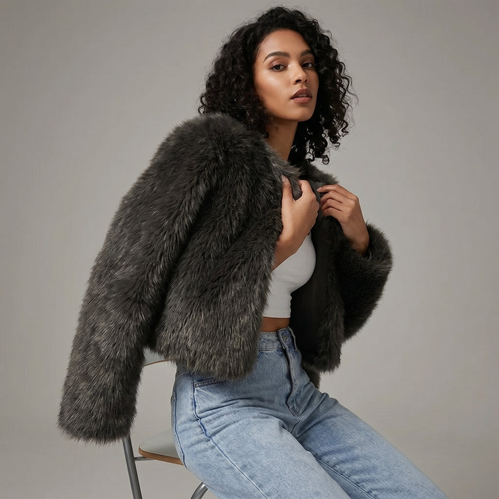 Women's Cropped Faux Fur Short Cardigan Jacket - Black