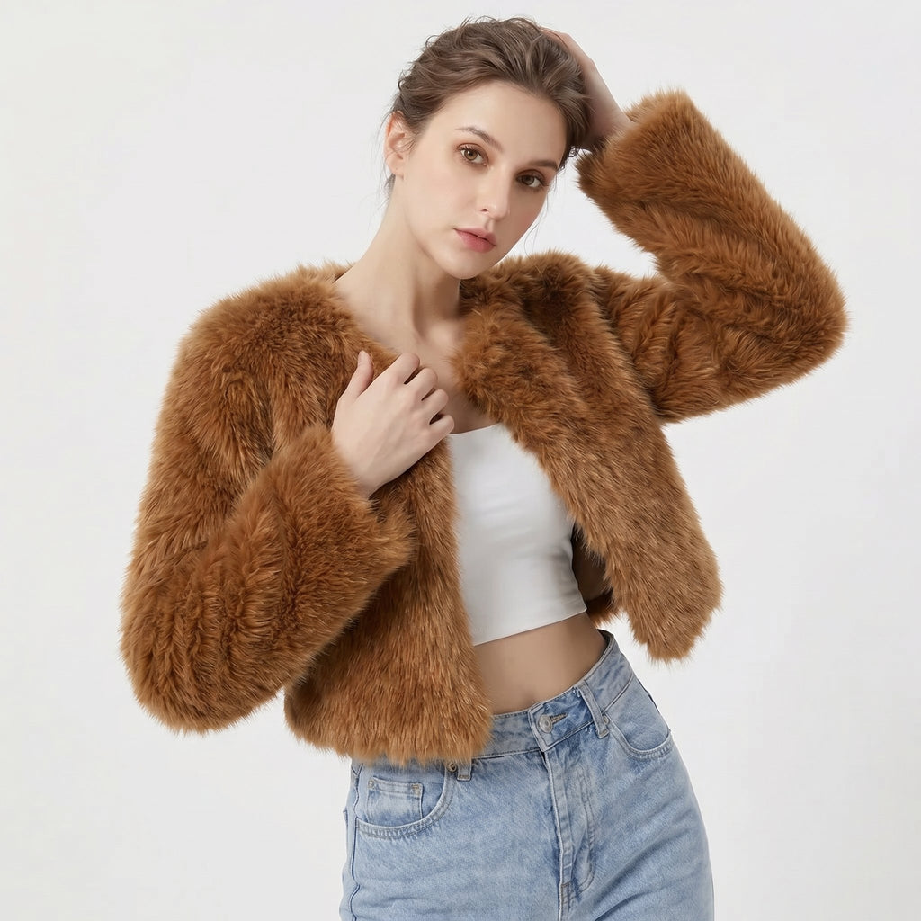 Women's Cropped Faux Fur Short Cardigan Jacket - Dark Curry