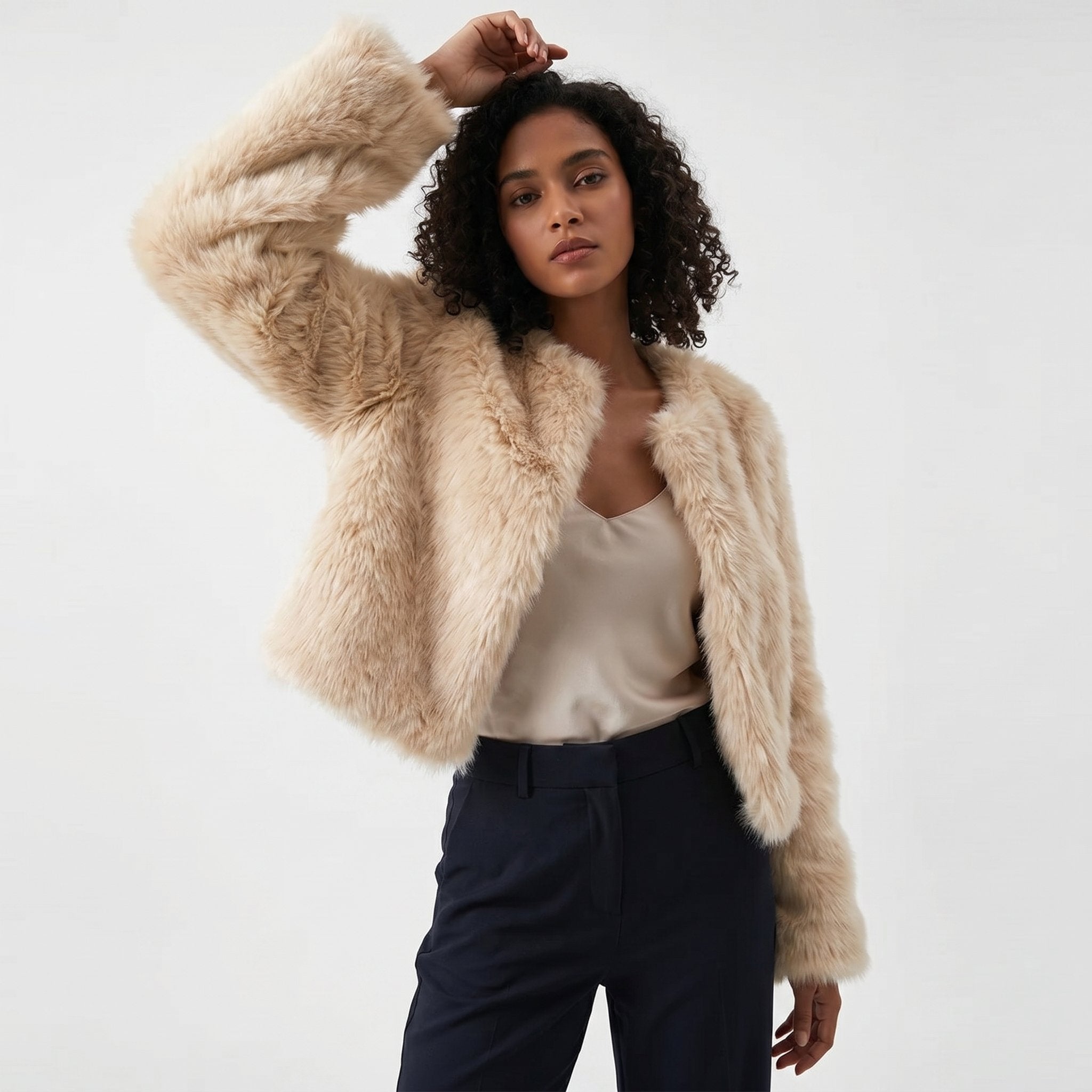 Women's Cropped Faux Fur Short Cardigan Jacket - Apricot