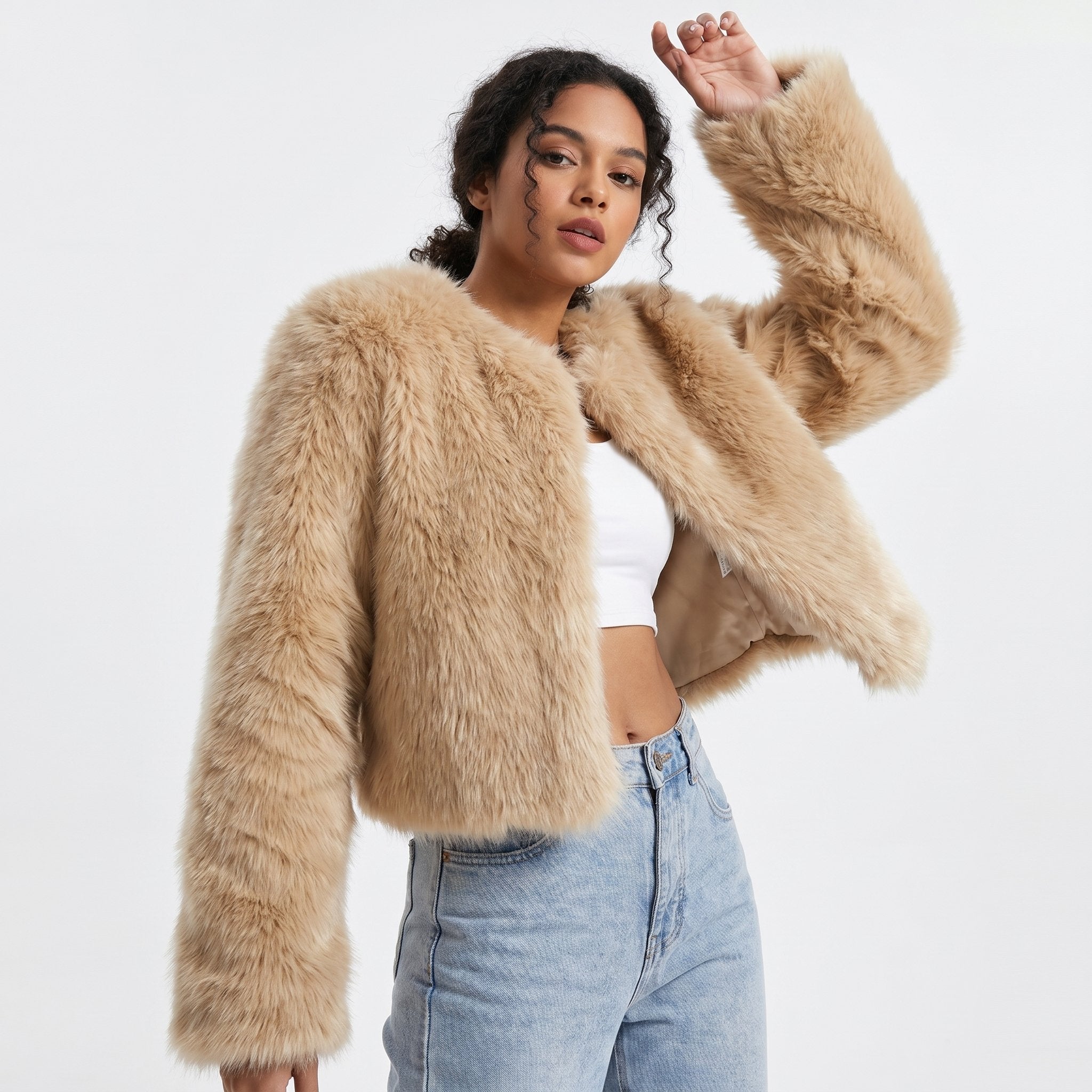 Women's Cropped Faux Fur Short Cardigan Jacket - Pale Curry