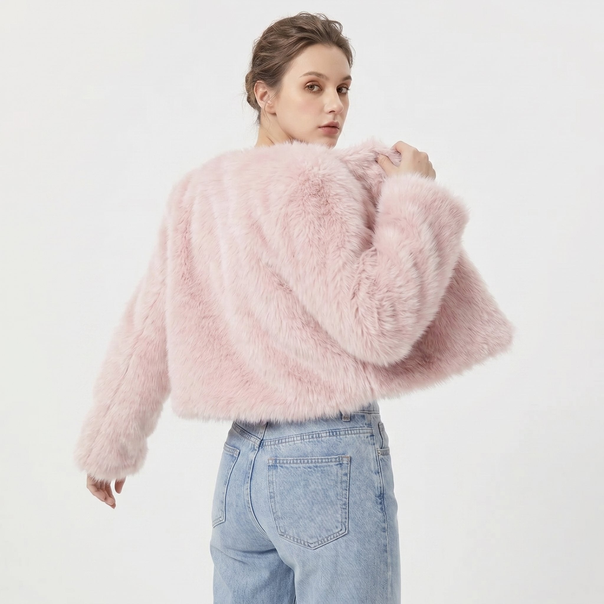 Women's Cropped Faux Fur Short Cardigan Jacket - Pink
