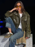 Women's Cropped Leather Jacket Zip Front Stand Collar - Green