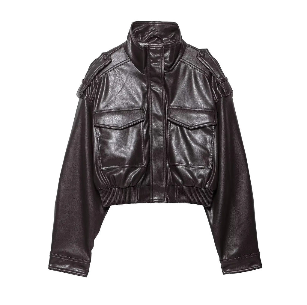 Women's Cropped Leather Jacket Zip Front Stand Collar