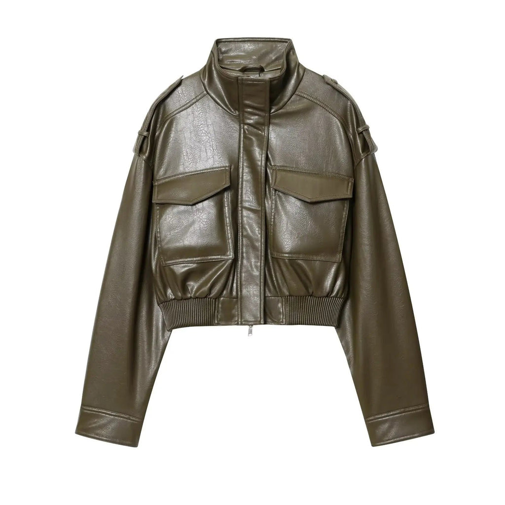 Women's Cropped Leather Jacket Zip Front Stand Collar