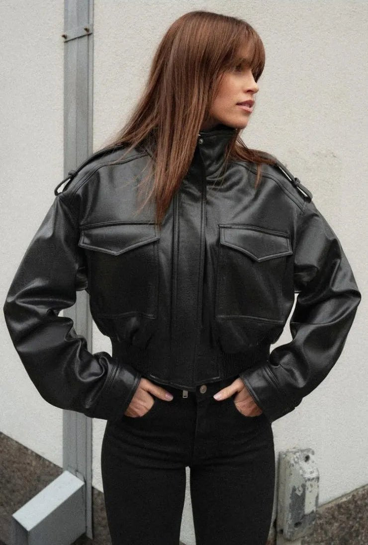 Women's Cropped Leather Jacket Zip Front Stand Collar - Black