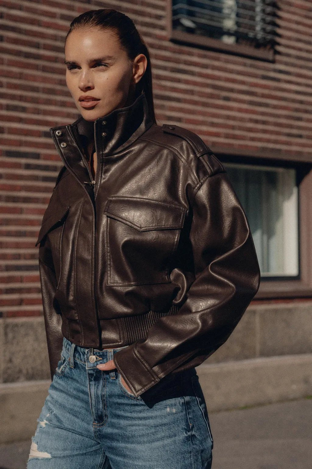 Women's Cropped Leather Jacket Zip Front Stand Collar - Brown