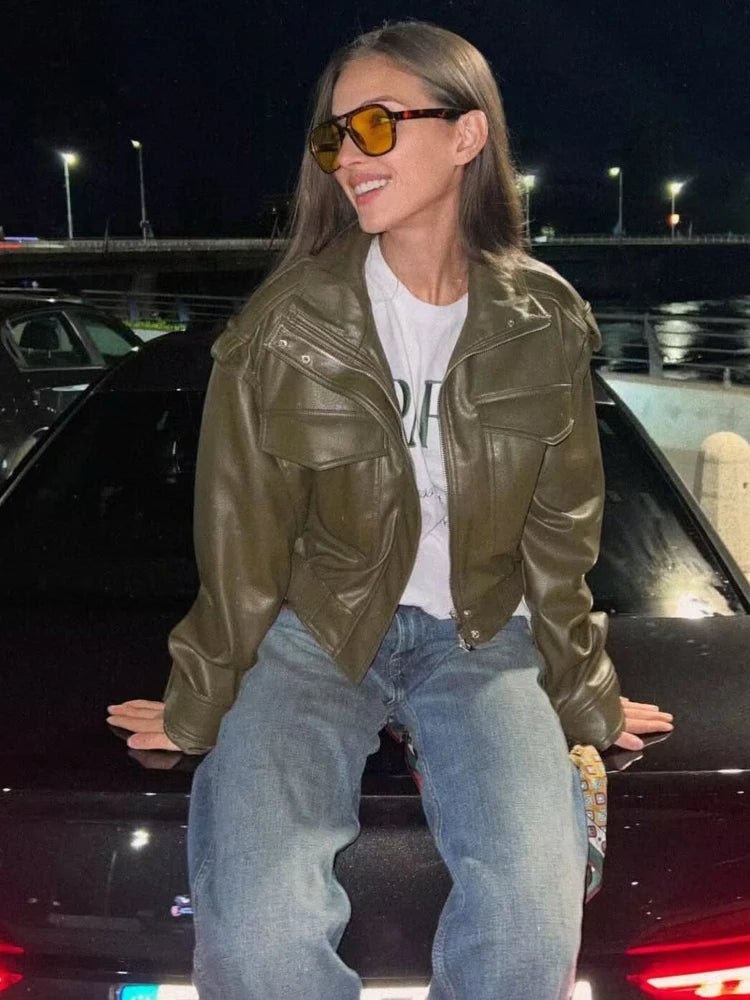 Women's Cropped Leather Jacket Zip Front Stand Collar