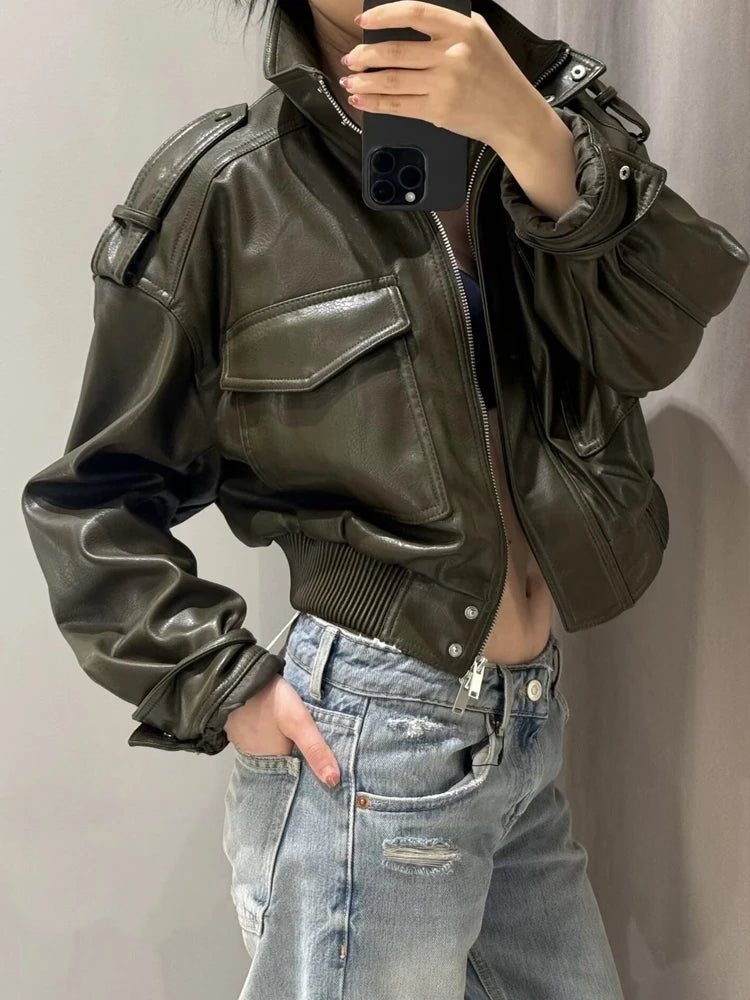 Women's Cropped Leather Jacket Zip Front Stand Collar