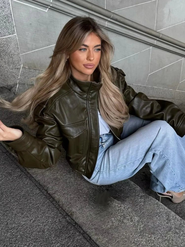 Women's Cropped Leather Jacket Zip Front Stand Collar