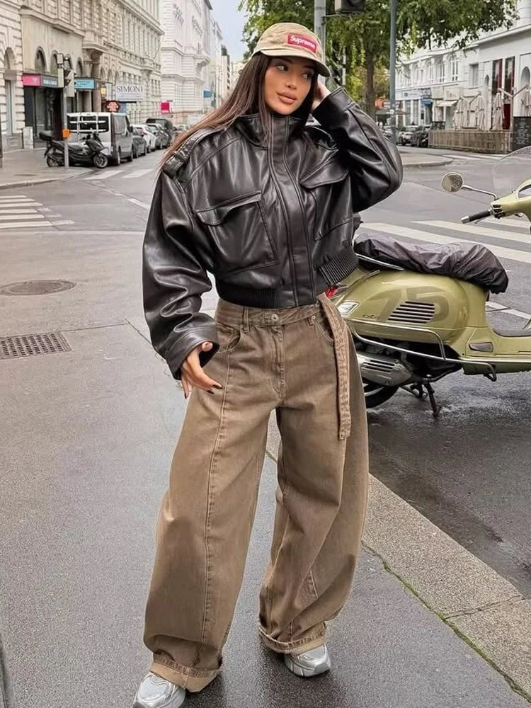 Women's Cropped Leather Jacket Zip Front Stand Collar