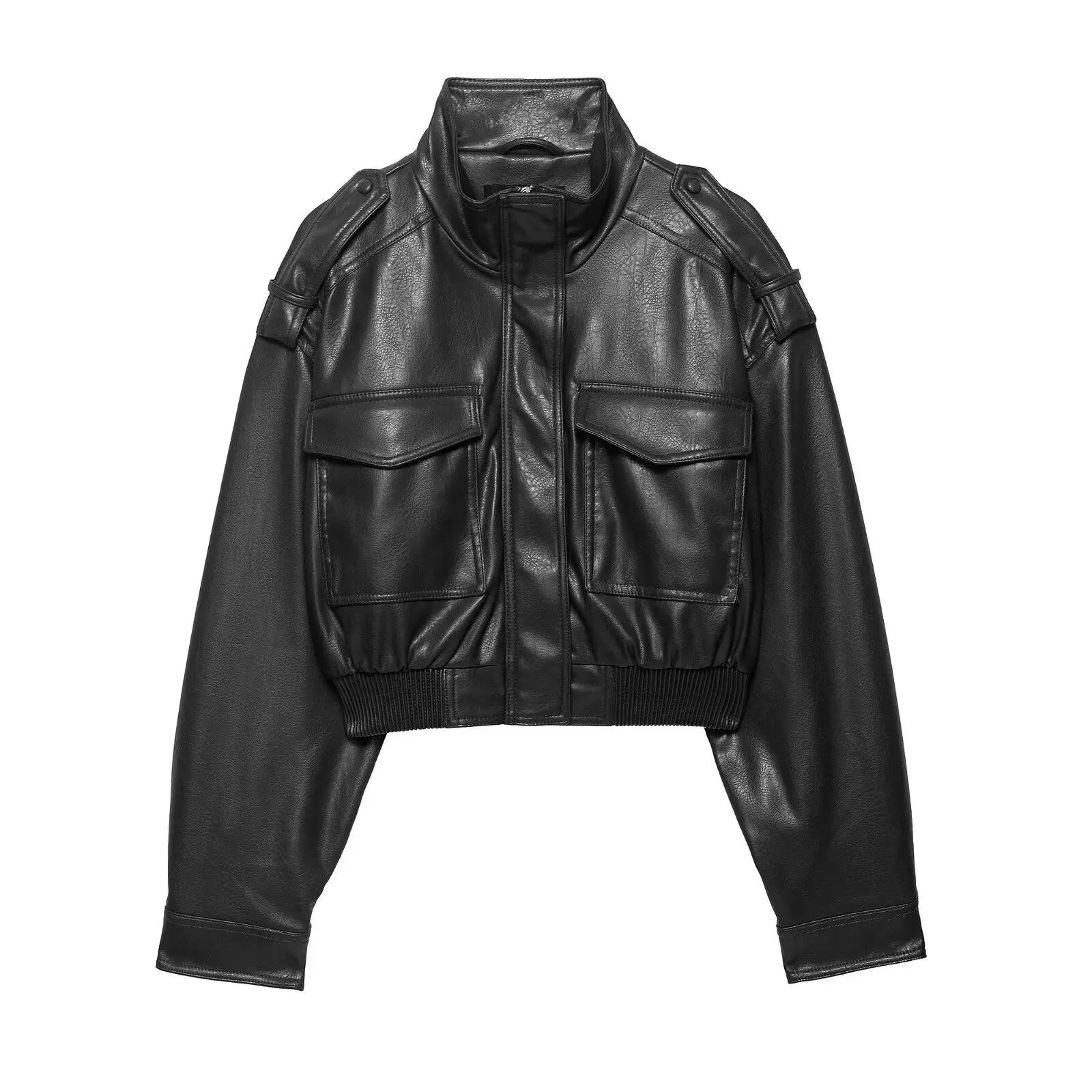 Women's Cropped Leather Jacket Zip Front Stand Collar