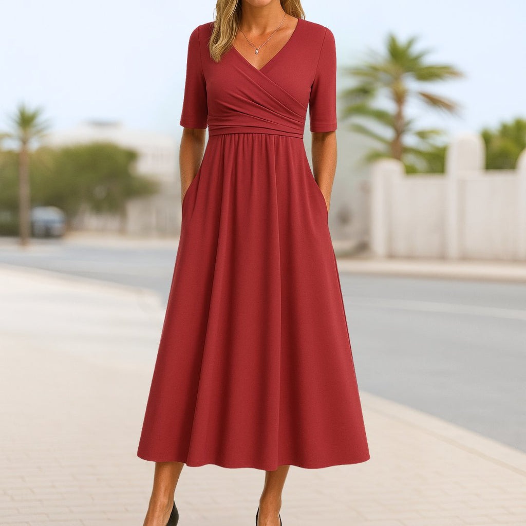 Women's Crossover V-Neck Half-Sleeve Midi Dress - Red
