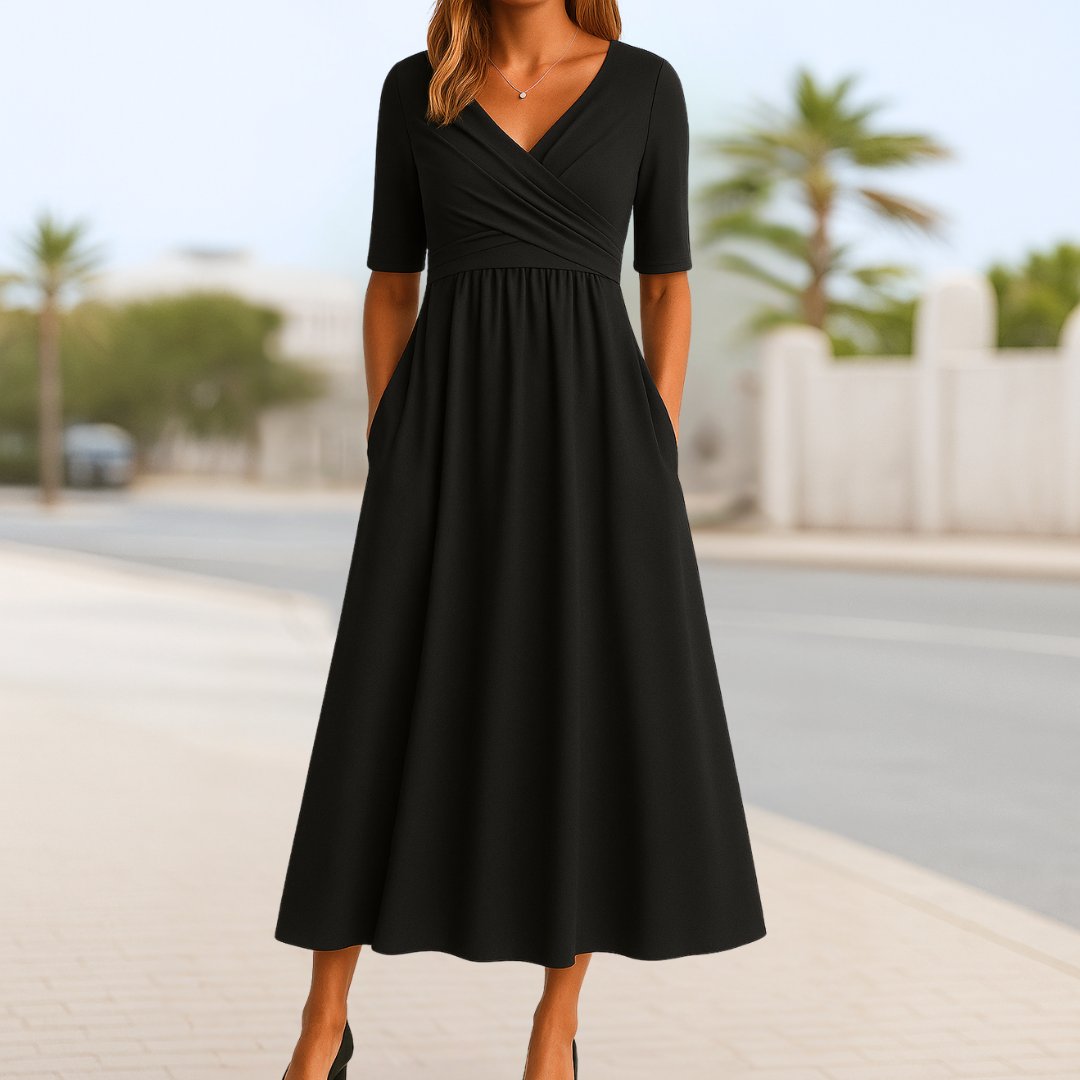 Women's Crossover V-Neck Half-Sleeve Midi Dress - Black