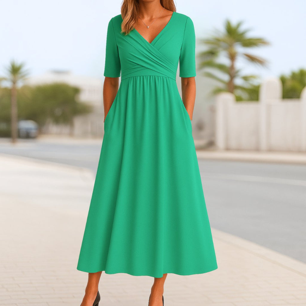 Women's Crossover V-Neck Half-Sleeve Midi Dress - Green