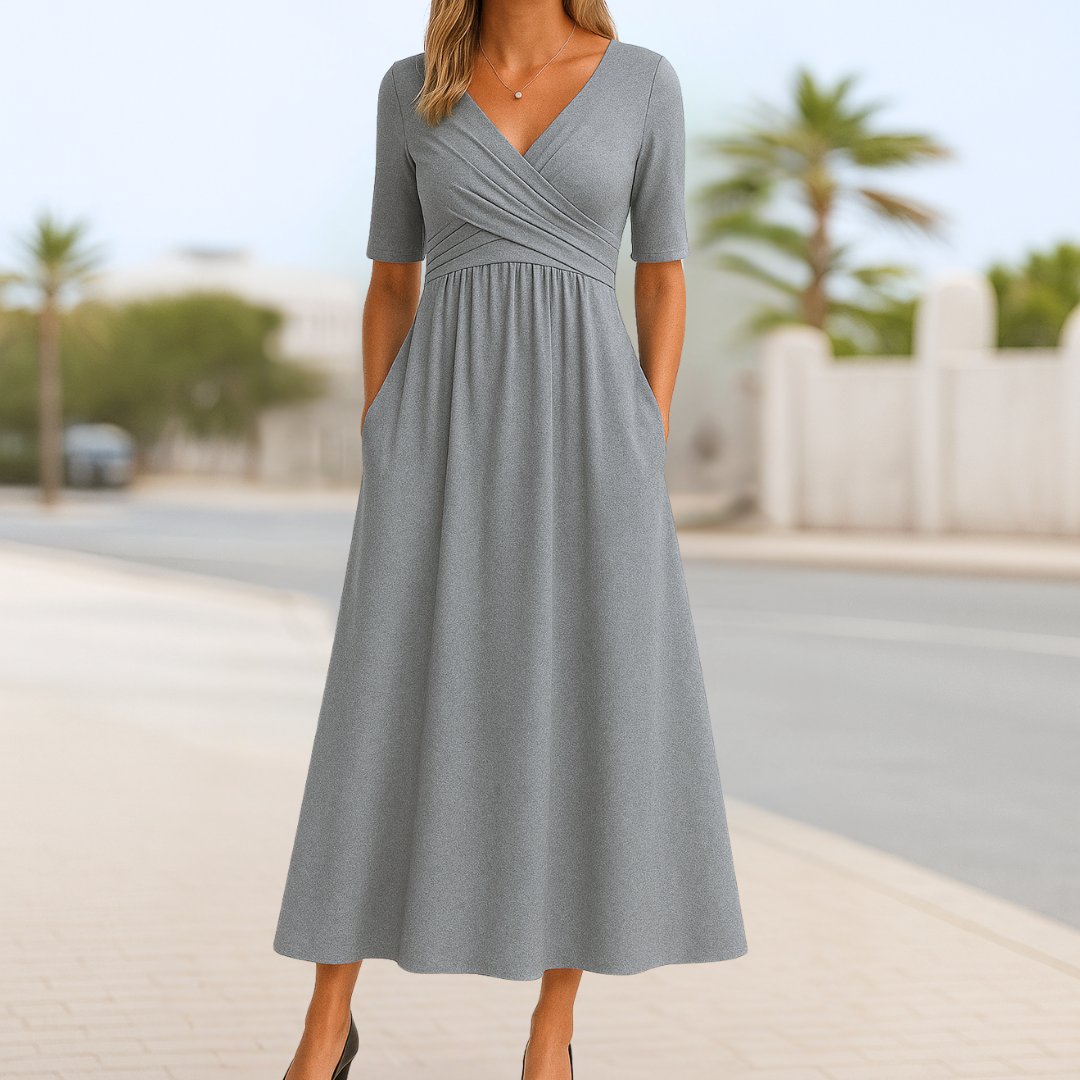 Women's Crossover V-Neck Half-Sleeve Midi Dress - Gray
