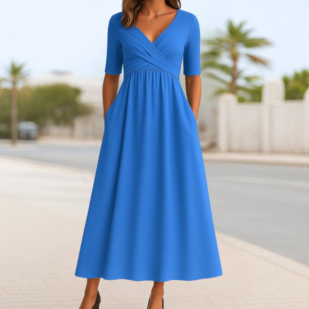 Women's Crossover V-Neck Half-Sleeve Midi Dress - Light Blue