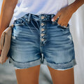 Women's Denim Shorts Button Fly Distressed Cuffed Hem - Blue