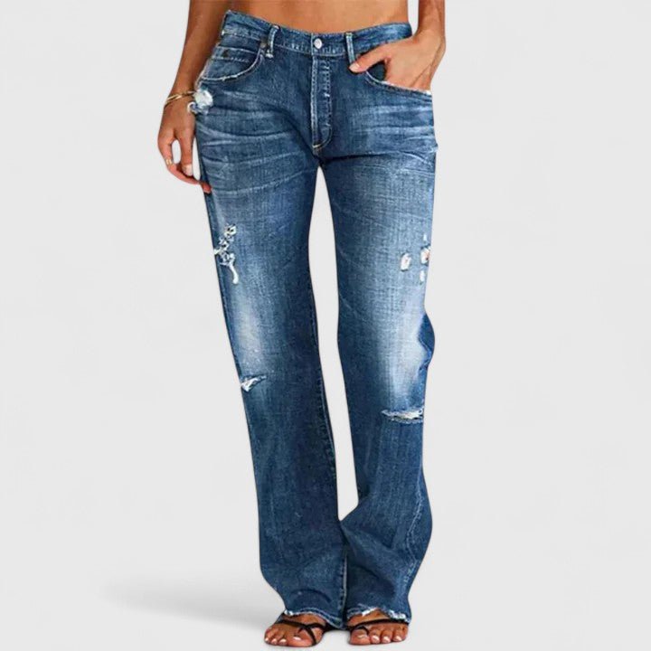 Women's Distressed Denim Jeans Mid Rise Loose Fit Straight Leg - Dark Blue