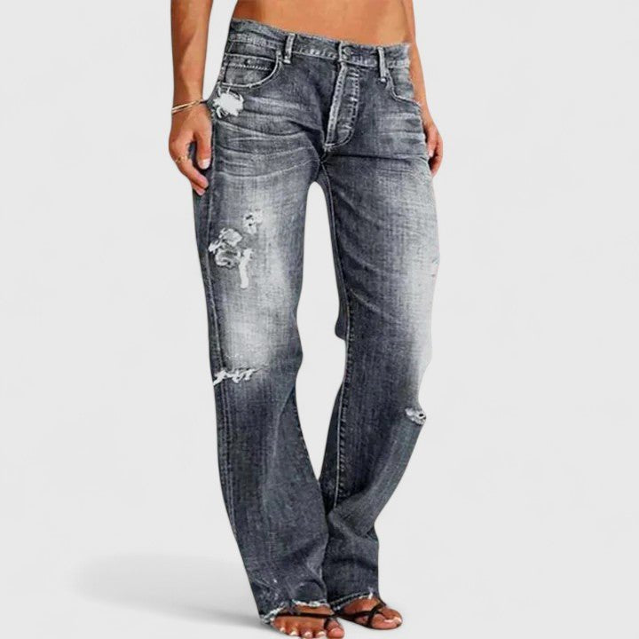 Women's Distressed Denim Jeans Mid Rise Loose Fit Straight Leg - Gray